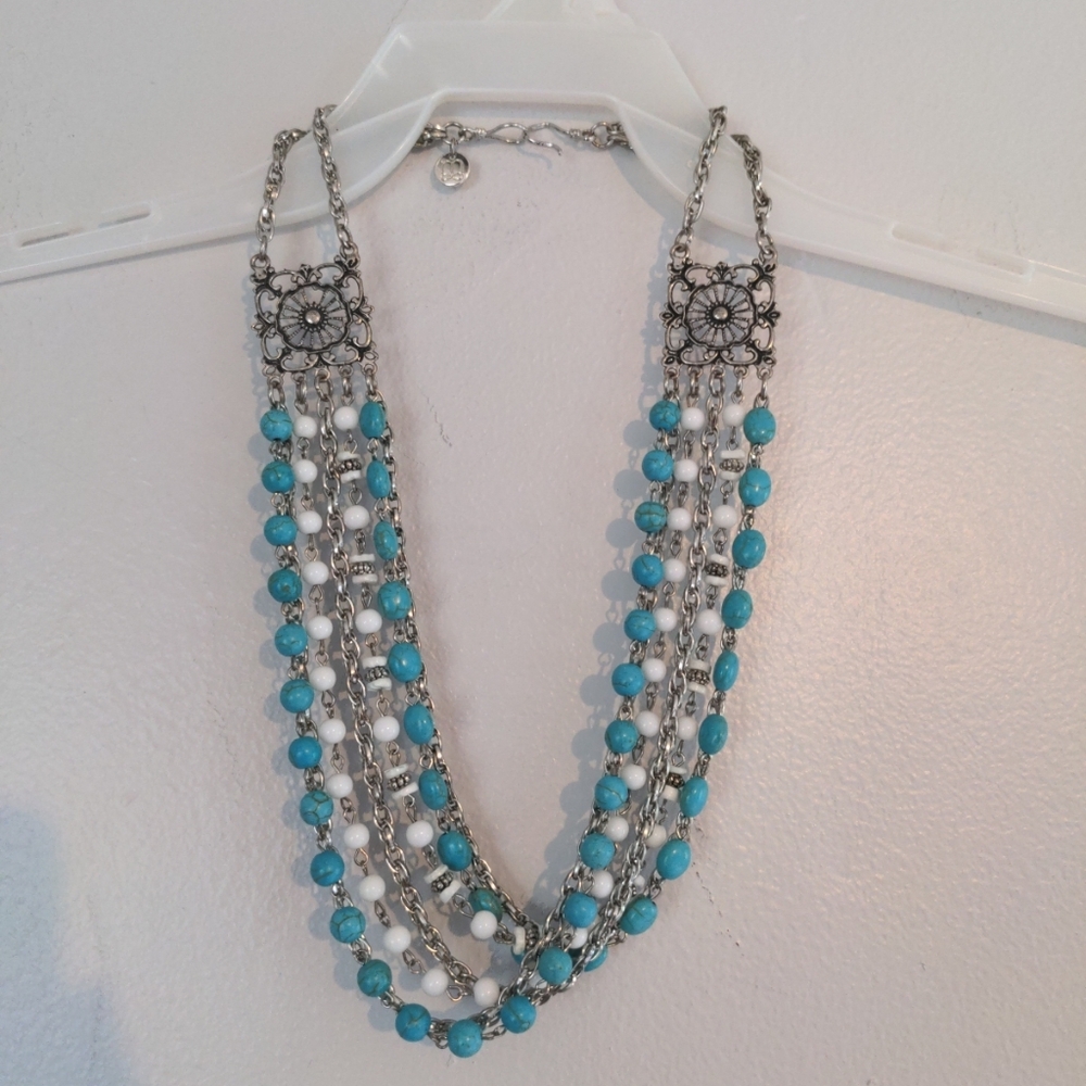 MIALISIA Necklace 18" Blue White Silver Tone Boho Y2K Statement NWOT Bead